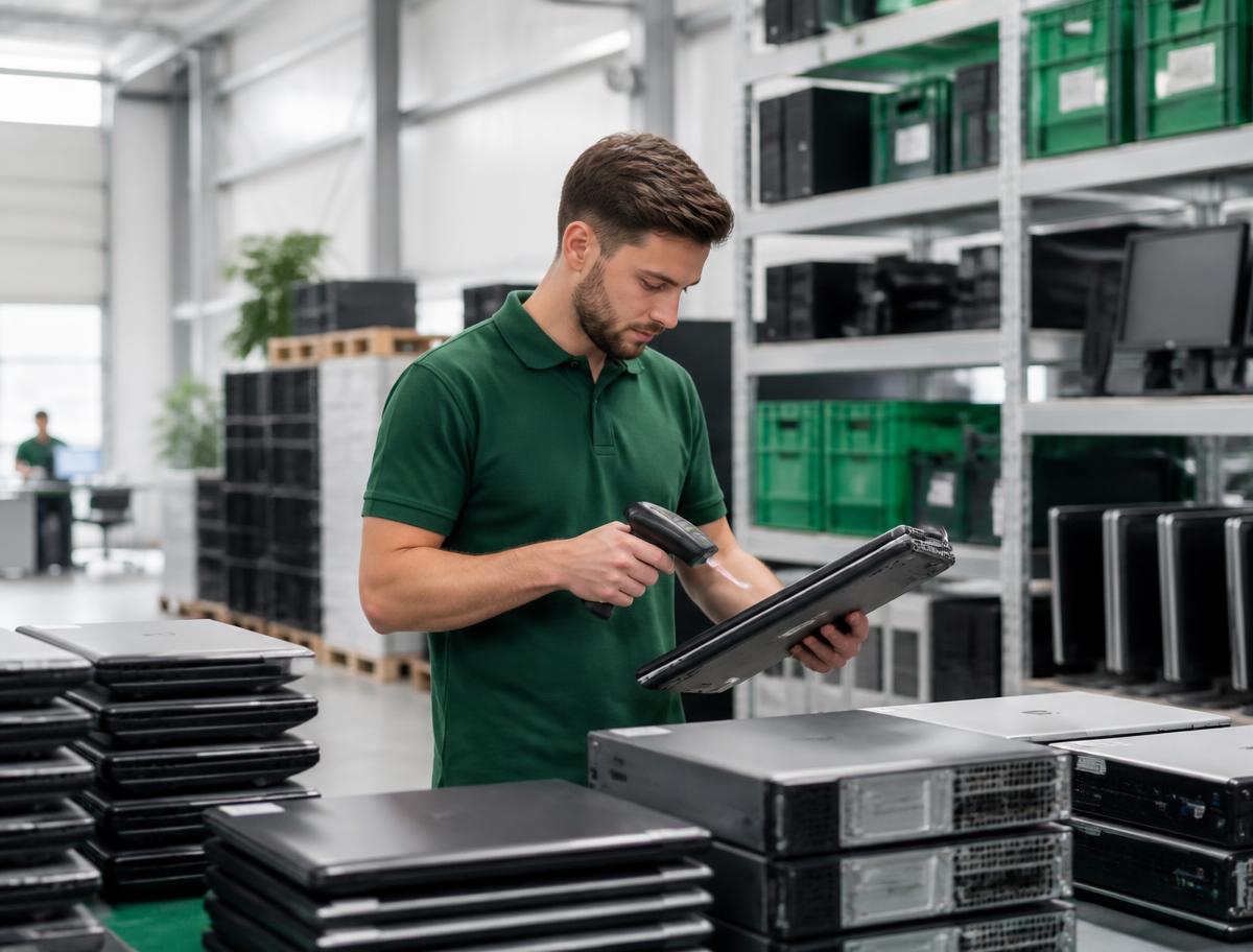 Byebyte technician processing business IT equipment for data destruction in Coventry — laptops and servers logged, wiped and refurbished